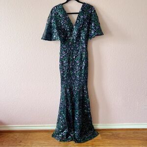 Dress the Population Trumpet Gown XS Lourdes Sequin Flutter Sleeve Lace Blue